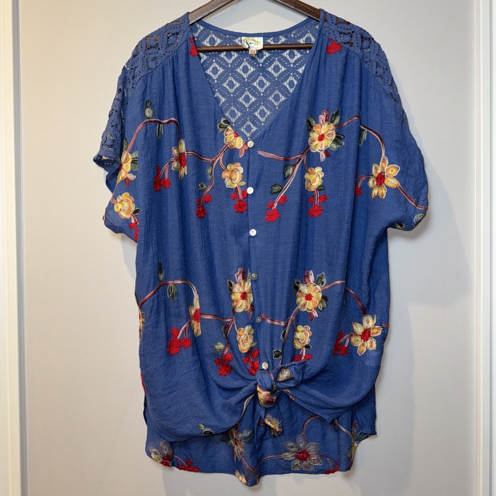 Fig Flower‎ Embroidered Floral Vine Button Up Top 3XL Cap Sleeve Lace Back Boho